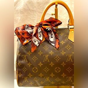 Orange Black Brown Monogram and Chains Print Twilly Bandeau Wrap Scarf